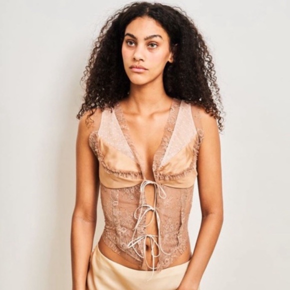 Dana Foley Vintage Roma Sz S Lace Top Lace Up Nude Balletcore Y2K Coquette Sheer - Picture 1 of 7